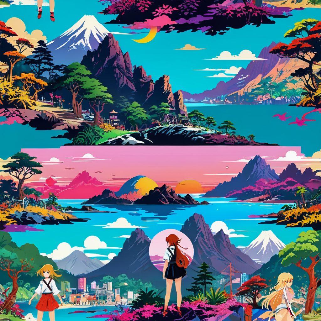 A vibrant, colorful collage showcasing various forms of hentai, including dynamic anime characters, interactive game scenes, and iconic adult art styles. The background features elements from both anime and gaming, such as pixelated landscapes and stylized action sequences. Include subtle textures and patterns that represent the adult nature of the content while maintaining a playful tone. Bright, engaging colors should dominate the composition, inviting curiosity and exploration. vector art. vibrant colors.
