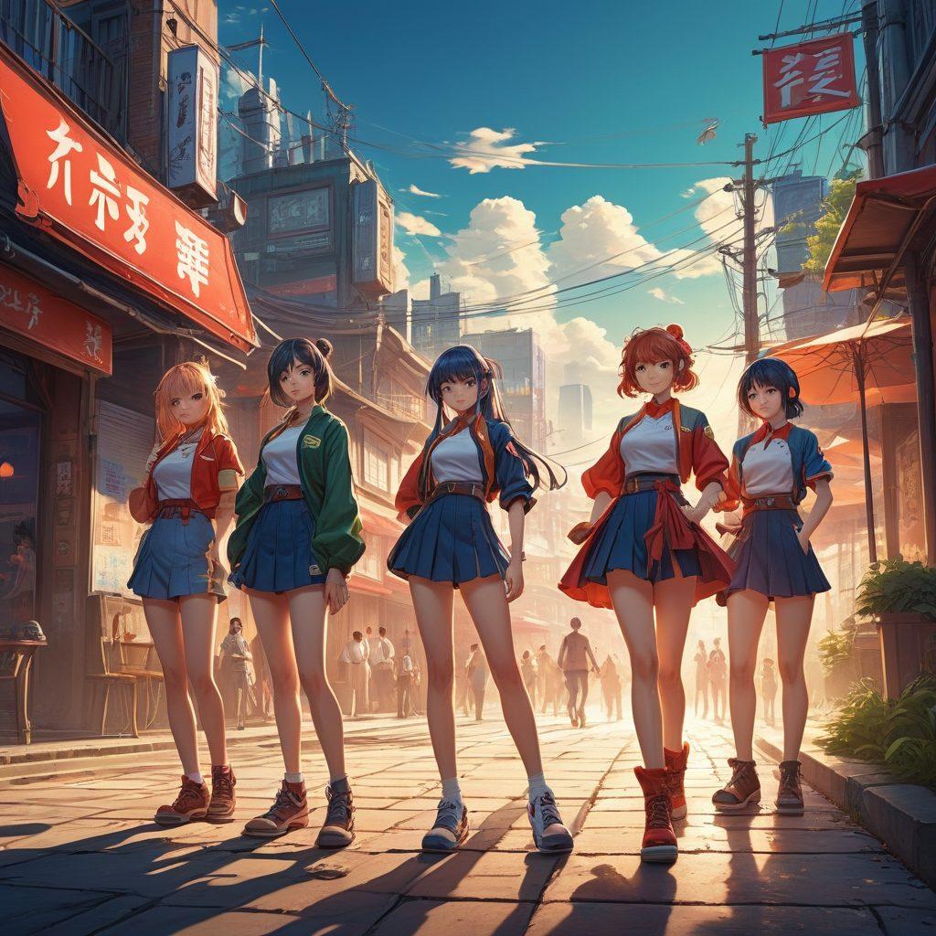 A dynamic scene featuring a colorful interplay of anime characters depicting both beauty and allure, with graphic elements subtly integrated into their poses. Incorporate an imaginative backdrop of an adult-themed fantasy world, emphasizing contrasts between light and shadow to enhance the mood. Include hints of iconic gaming visuals to symbolize the crossover between anime and gaming culture. The composition should feel vibrant and engaging, with a playful yet sophisticated tone. super-realistic. vibrant colors. fantasy art.